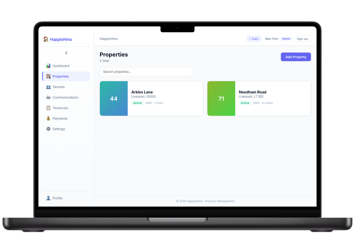 Properties management screen