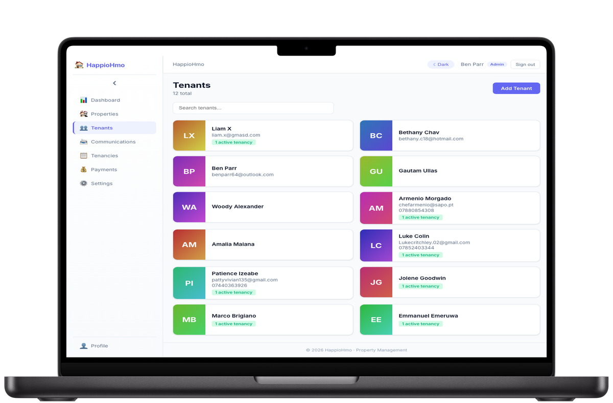 Tenant management screen